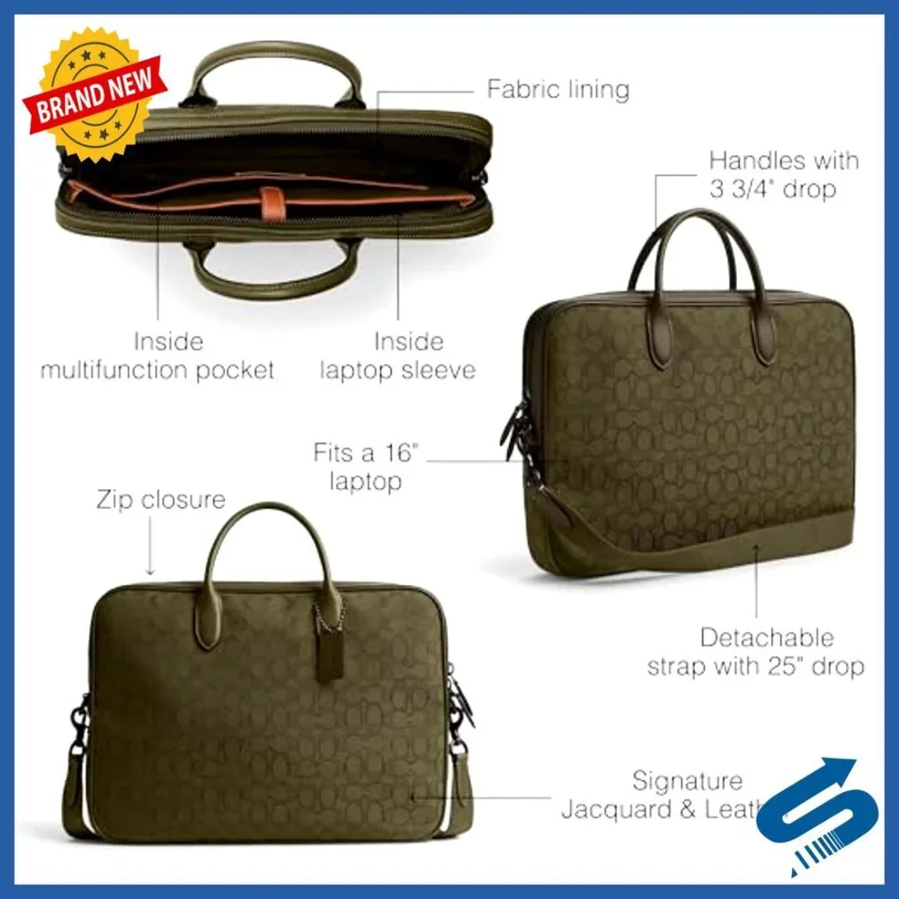 Men's Leather Briefcase with Laptop Sleeve, Detachable Crossbody Strap